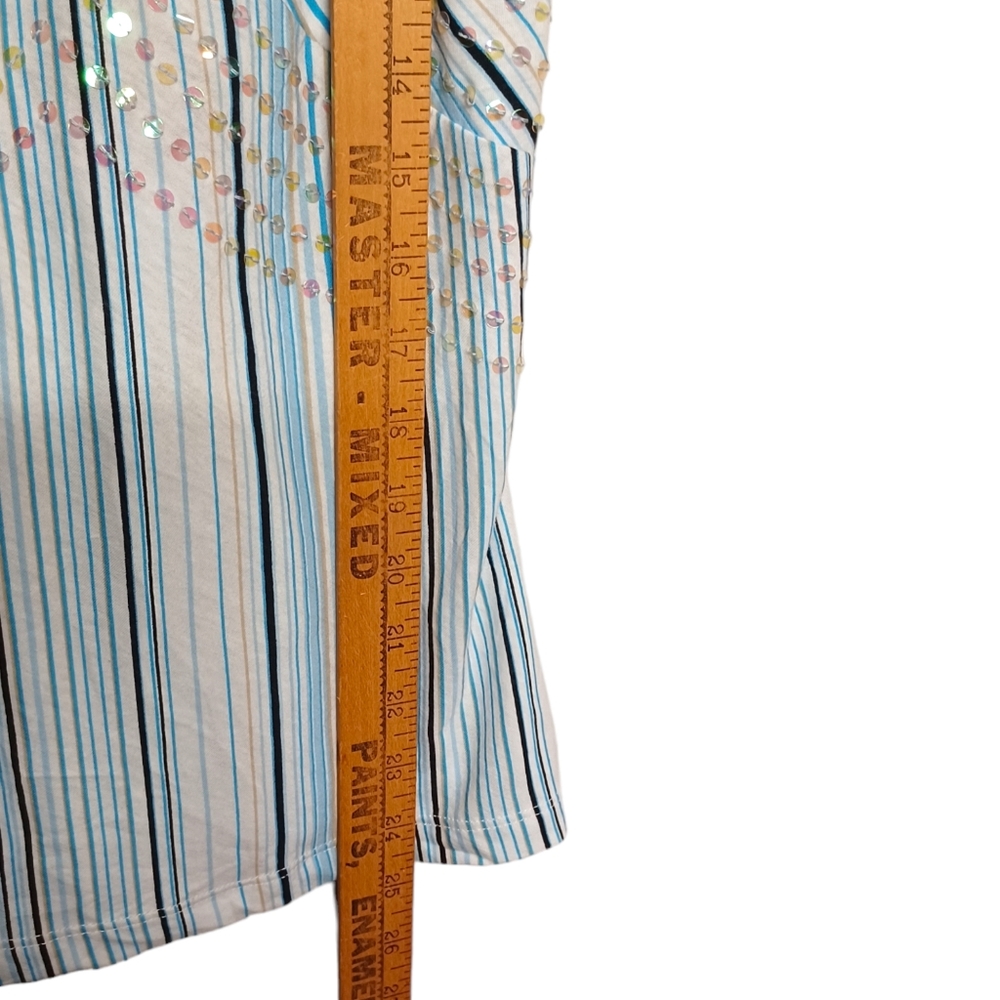 NEW YORK & CO Top Blue Tan Stripe Print Sequin Sleeveless Criss Cross Back NWT - Picture 6 of 7